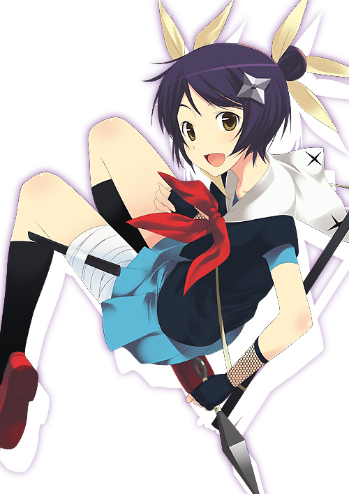00s 1girl bandages blue_hair double_bun female_focus fingerless_gloves fishnets gloves hair_bun hair_ribbon himawari himawari! hinata_himawari hyuuga_himawari kneehighs kunai looking_back mizuki_makoto ninja open_mouth purple_hair ribbon school_uniform serafuku sheath short_hair shuriken skirt socks solo weapon yellow_eyes