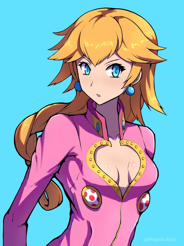 1girl blonde_hair blue_background blue_eyes braid braided_ponytail breasts cleavage clothing_cutout collarbone corrupted_metadata cosplay earrings female_focus giorno_giovanna giorno_giovanna_(cosplay) heart_cutout jacket jewelry jojo_no_kimyou_na_bouken long_hair long_sleeves looking_at_viewer mario_(series) nintendo open_mouth phiphi-au-thon pink_jacket ponytail princess_peach simple_background small_breasts solo standing upper_body vento_aureo