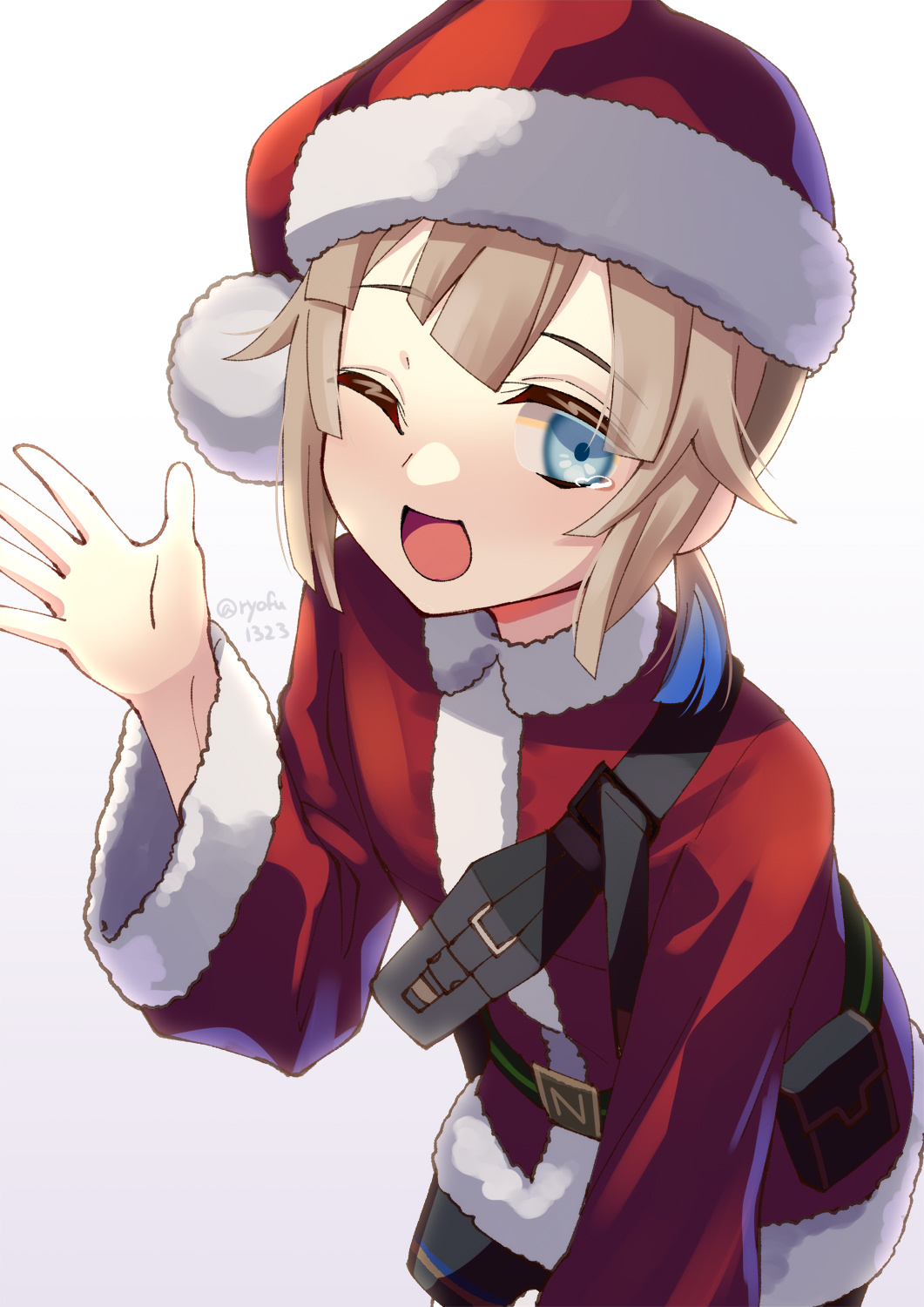 1boy belt blue_eyes blunt_bangs captain_nemo_(santa)_(fate) character_request check_character collared_shirt fanny_pack fate/grand_order fate_(series) fur-trimmed_sleeves fur_trim hat highres long_sleeves looking_at_viewer low_ponytail male_focus marine_nemo_(fate) marine_nemo_(santa)_(fate) nemo_(fate) one_eye_closed open_mouth ponytail ryofuhiko santa_hat shirt short_hair smile solo tearing_up