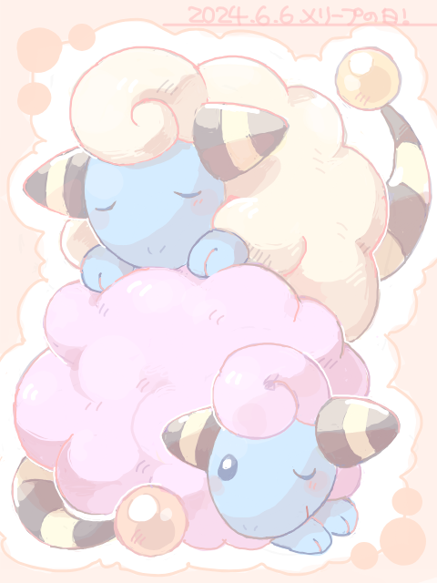 alternate_color closed_eyes closed_mouth dated dated_commentary full_body gen_2_pokemon lying lying_on_another mareep nintendo no_humans oekaki on_stomach one_eye_closed orange_background outline pastel_colors pokemon pokemon_(creature) pokemon_focus shiny_pokemon tansho tegaki u_u white_outline