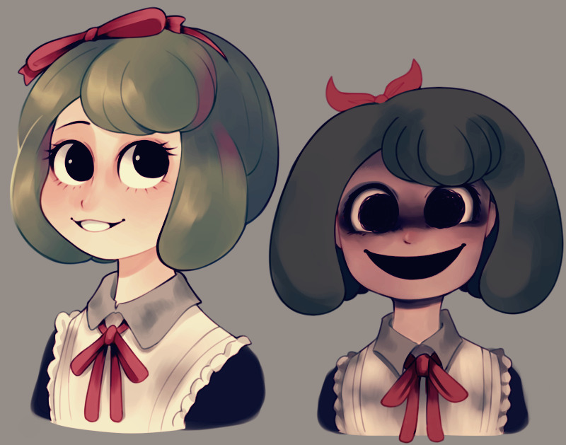 1girl black_dress black_eyes bow bowtie child clem_(calmeremerald) collared_dress crazy_eyes crazy_smile danganronpa_(series) danganronpa_another_episode:_ultra_despair_girls dress eyebrows eyebrows_hidden_by_hair eyelashes female_focus green_hair grey_background hair_bow hair_ribbon looking_at_viewer multiple_views neck_ribbon open_mouth red_bow red_headwear red_ribbon ribbon simple_background smile teeth towa_monaca upper_body