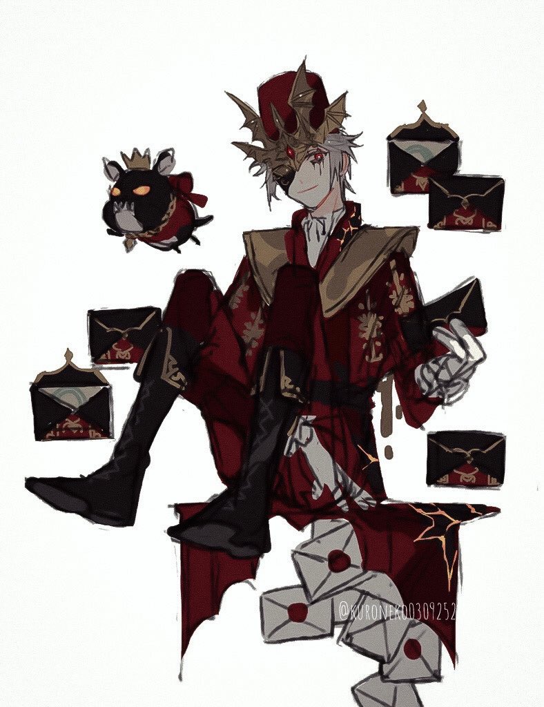 1boy animal black_footwear closed_mouth crown dog floating gloves glowing glowing_eyes hat holding holding_letter identity_v jewelry kuroneko0309252 letter male_focus mask necklace official_alternate_costume orange_eyes red_eyes red_headwear simple_background sketch smile twitter_username vampire victor_grantz victor_grantz_(the_embrace) white_background white_gloves wick_(identity_v)