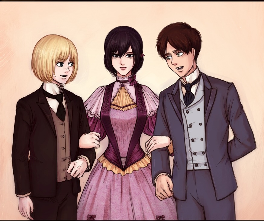 1girl 2boys arm_behind_back armin_arlert black_eyes black_hair black_necktie black_suit blonde_hair bob_cut brown_hair brown_vest commentary daydream24-7 dress english_commentary eren_yeager formal_clothes grabbing_another&#039;s_arm green_eyes grey_vest long_dress mikasa_ackerman multiple_boys necktie open_mouth pink_lips purple_dress shingeki_no_kyojin smile suit vest