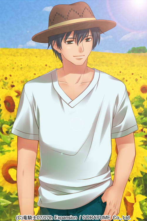 1boy akasaka_mamoru black_hair field flower flower_field hat higurashi_no_naku_koro_ni izumi_natsuka male_focus short_hair smile solo sunflower sunflower_field sunlight