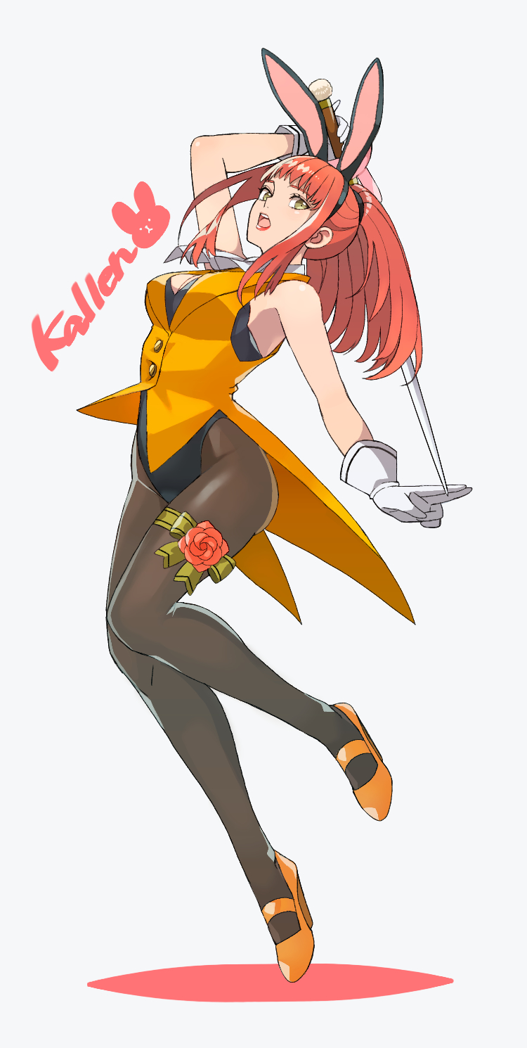 1girl amenoimo animal_ears black_leotard breasts fake_animal_ears full_body gloves grey_background high_heels highres karin_koenig leotard long_hair looking_at_viewer makeup open_mouth pantyhose ponytail rabbit_ears red_hair shadow_hearts shadow_hearts_ii simple_background solo sword thigh_strap weapon