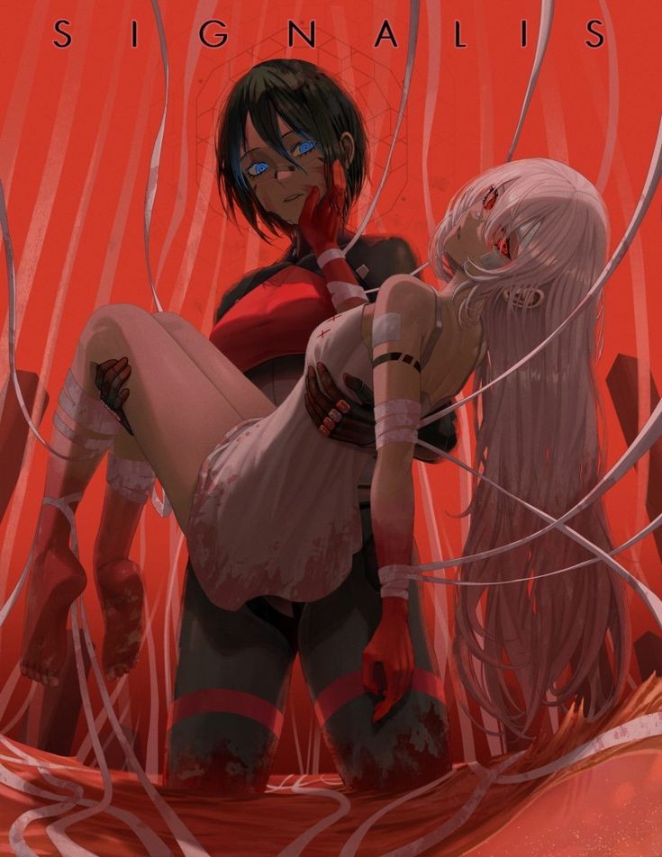 2girls android ariane_yeong armor black_hair blood blue_eyes cyberpunk elster_(signalis) joints long_hair metal_skin multiple_girls qosic red_eyes robot_girl science_fiction short_hair signalis too_many_bandaids white_hair yuri
