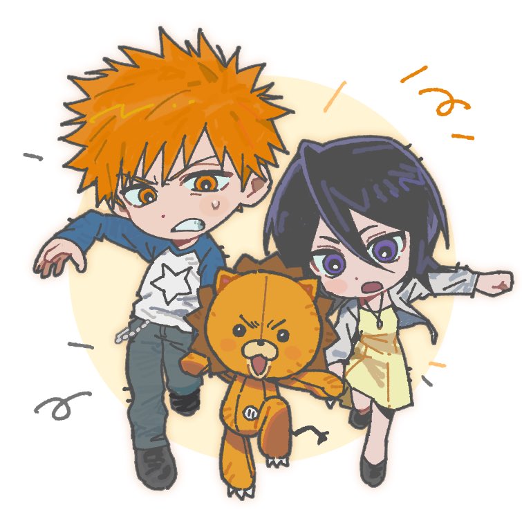 1boy 1girl alternate_costume black_footwear black_hair bleach blue_sleeves blush_stickers brown_eyes chibi chibi_only clenched_teeth commentary d: double-parted_bangs dress full_body grey_pants hair_between_eyes holding_hands kon_(bleach) korean_commentary kuchiki_rukia kurosaki_ichigo medium_hair open_mouth orange_hair pants purple_eyes running shirt short_hair simple_background spiked_hair star_(symbol) star_print stuffed_animal stuffed_lion stuffed_toy sweatdrop teeth two-tone_shirt v-shaped_eyebrows white_background white_shirt yellow_dress yongsa_(y0ngs4)