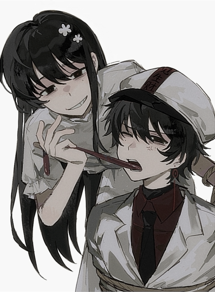 2boys anger_vein black_eyes black_hair black_necktie bound chinese_commentary collared_shirt commentary_request crossdressing dress earrings flower grin hair_flower hair_ornament hat jacket jewelry lapels li_yuting_(male) long_tongue male_focus mole mole_under_each_eye mole_under_eye multiple_boys multiple_moles necktie notched_lapels one_eye_closed open_mouth puffy_short_sleeves puffy_sleeves pulling_tongue red_shirt rice_(somasuki_77) shirt short_hair short_sleeves simple_background smile tied_up_(nonsexual) tongue touqi_guaitan very_long_tongue white_dress white_flower white_hat white_jacket yaoi ziche_fuzhao