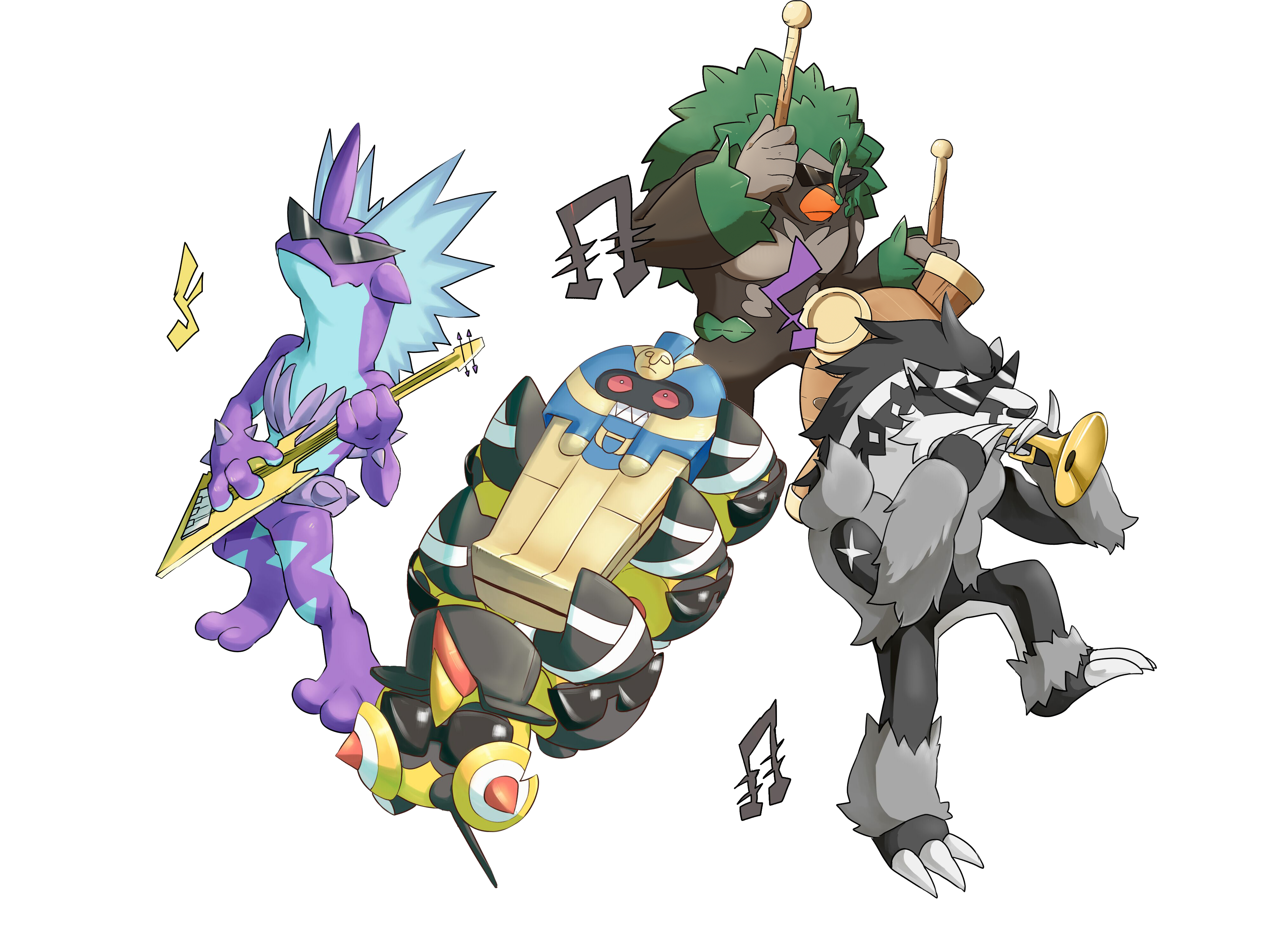 absurdres assisted_carrying carrying cofagrigus dancing dancing_pallbearers_(meme) drum drumsticks falinks full_body gen_5_pokemon gen_8_pokemon guitar hat highres instrument meme musical_note nintendo no_humans obstagoon pokemon pokemon_(creature) rillaboom sunglasses teamwork top_hat toxtricity toxtricity_(low_key) triangular_eyewear trumpet white_background zhen_xionggui