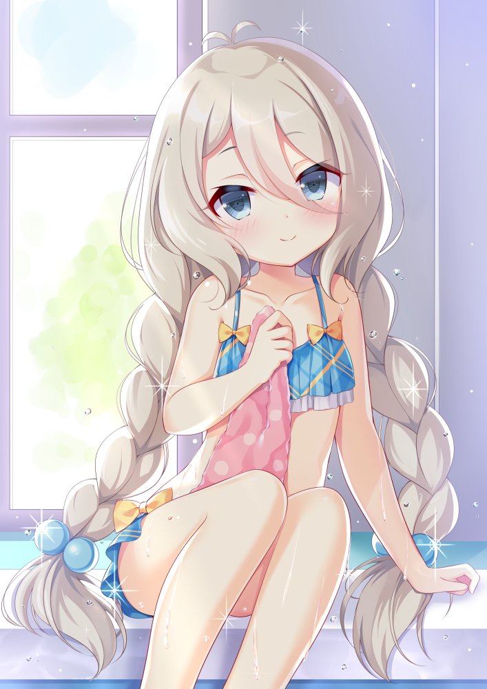 1girl antenna_hair arm_support bikini bikini_skirt blue_eyes blush braid commentary_request feet_out_of_frame frilled_bikini frills hair_between_eyes hair_bobbles hair_ornament holding holding_towel ikataruto indoors kokkoro_(princess_connect!) kokkoro_(real)_(princess_connect!) long_hair looking_at_viewer plaid_bikini plaid_clothes princess_connect! sitting smile solo sparkle swimsuit towel twin_braids very_long_hair wet window