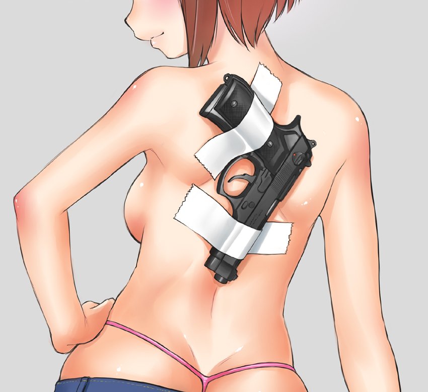 1girl ass beretta_92 blush breasts brown_hair butt_crack closed_mouth concealed_weapon contrapposto duct_tape ebifly from_behind grey_background gun hand_on_own_hip handgun head_out_of_frame medium_breasts original panties pink_panties pistol profile short_hair simple_background smile solo standing tape thong topless_female underwear weapon