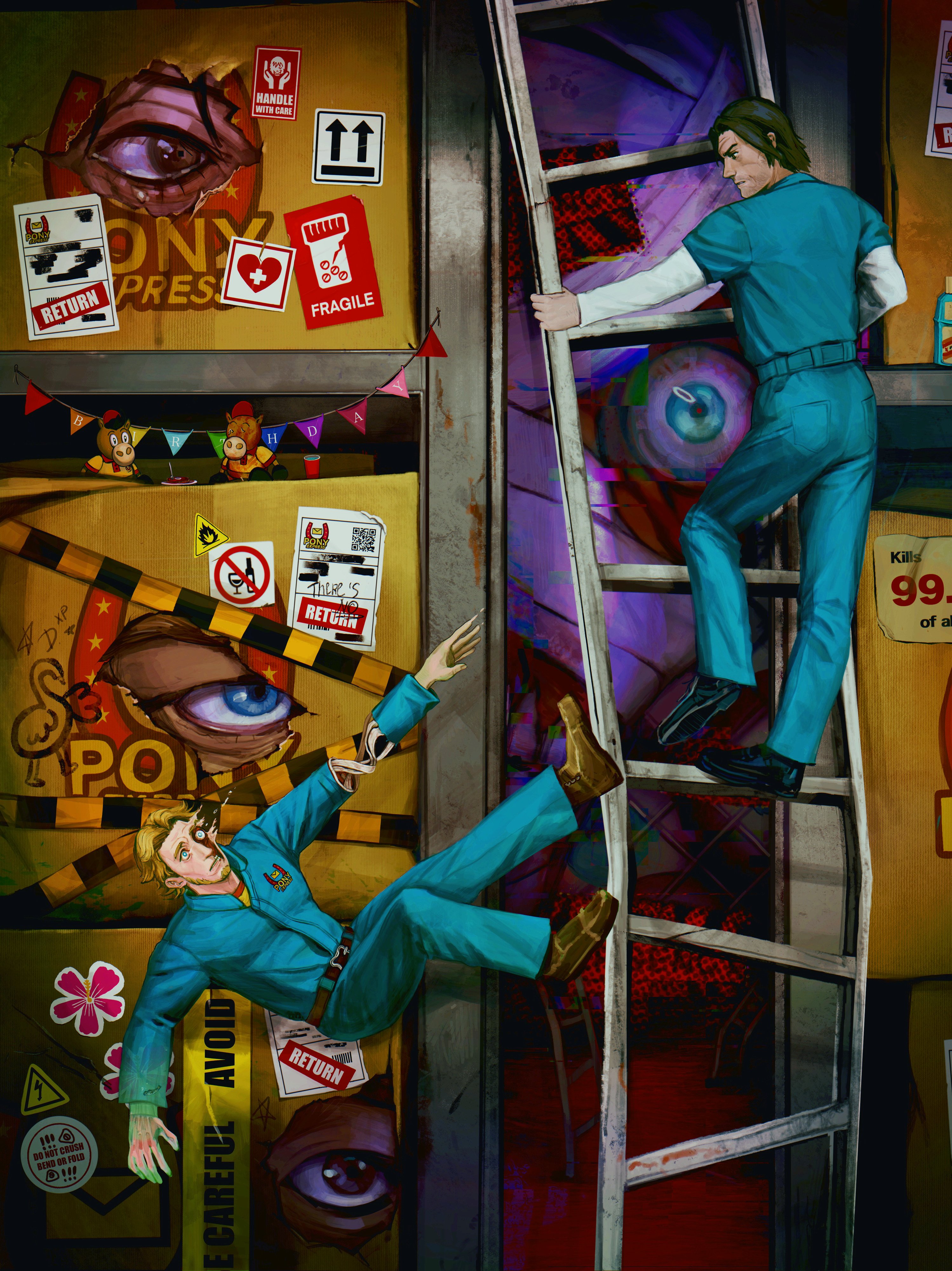 absurdres anya_(mouthwashing) bandaged_hand bandages betrayal blonde_hair blue_eyes blue_jumpsuit box brown_eyes brown_hair bunting cardboard_box carton caution curly_(mouthwashing) daisuke_(mouthwashing) disfigured facial_hair falling finch_(mrf6414) flammable_symbol flower_sticker fragile_symbol glitch handle_with_care highres jimmy_(mouthwashing) jumpsuit ladder layered_sleeves long_sleeves male_focus midair mouthwash mouthwashing peeling polle_(mouthwashing) short_hair short_over_long_sleeves short_sleeves sticker surreal swansea_(mouthwashing) tripping