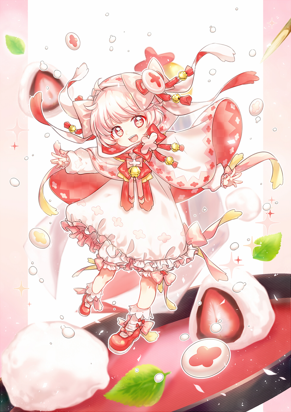 1girl aka_tonbo_(lililil) blurry blush bob_cut bow daifuku depth_of_field food food_fantasy fruit highres ichigo_daifuku japanese_clothes pale_skin pink_hair pink_theme red_eyes red_shoes ribbon shoes smile solo strawberry strawberry_daifuku_(food_fantasy) trapeze_dress wagashi