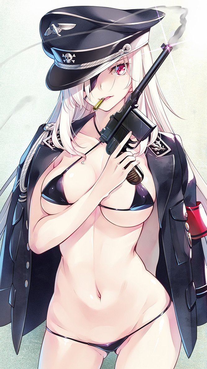 1girl biting black_bra black_hat black_jacket black_panties bra breasts bullet bullet_in_mouth eyepatch gun handgun hat holding holding_gun holding_weapon ikeda_yasuhiro jacket jacket_on_shoulders long_hair mauser_c96 medium_breasts midriff military_hat military_uniform navel open_clothes open_jacket original panties red_eyes reichsadler sidelocks simple_background skull_ornament smoke smoking_barrel solo thighs tilted_headwear trigger_discipline underwear weapon white_background white_hair