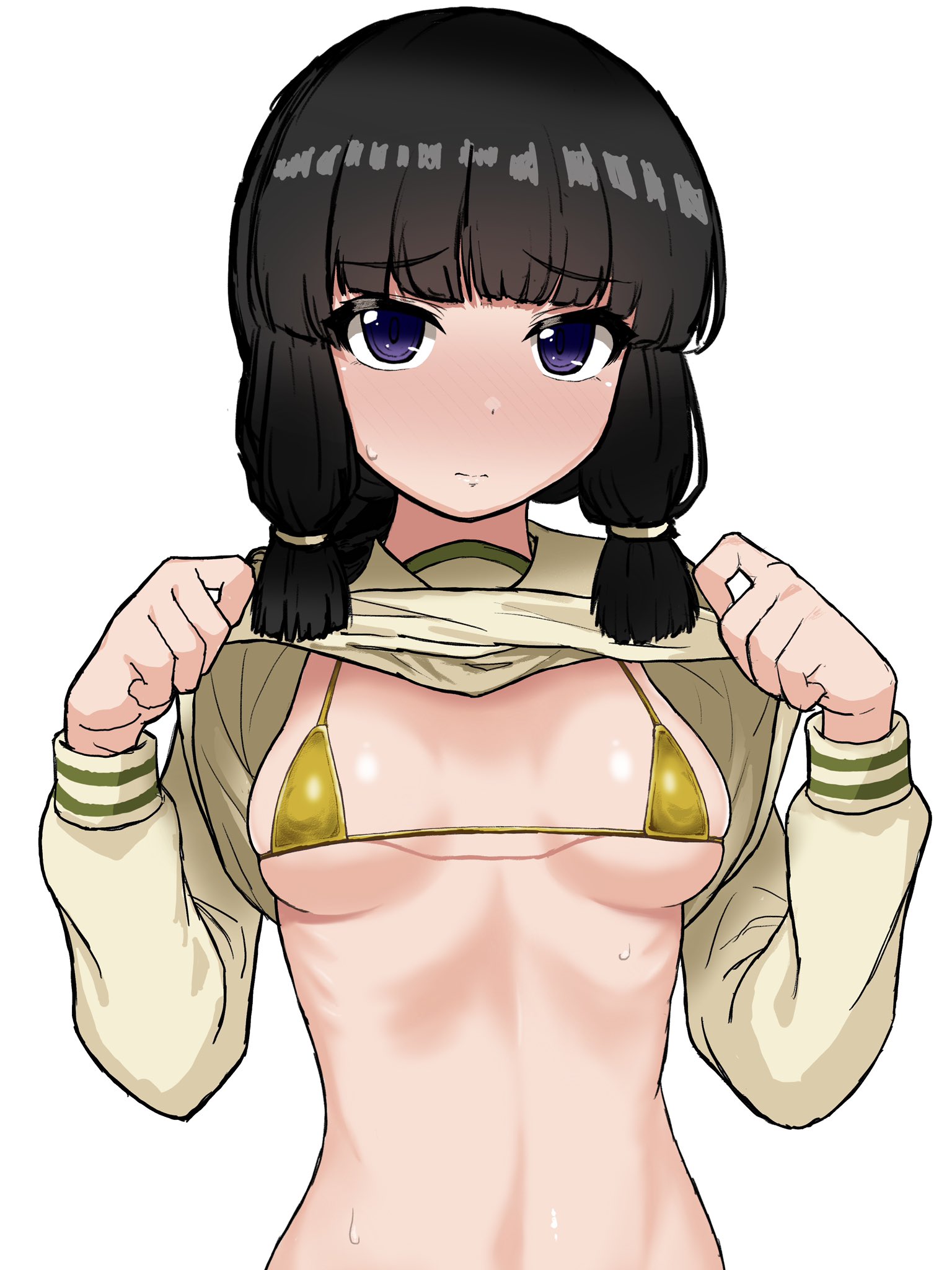 1girl bikini bikini_under_clothes black_hair blunt_bangs braid breasts clothes_lift gold_bikini hair_ribbon highres kantai_collection kinakomochi_(testament05) kitakami_(kancolle) kitakami_kai_ni_(kancolle) lifting_own_clothes long_hair long_sleeves looking_at_viewer micro_bikini navel purple_eyes ribbon sailor_collar school_uniform serafuku shirt_lift single_braid small_breasts solo swimsuit tress_ribbon upper_body yellow_sailor_collar yellow_serafuku