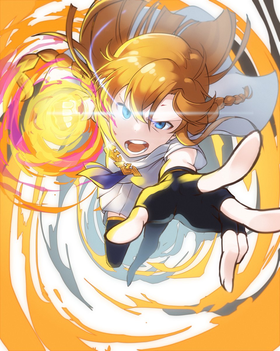 1girl black_gloves black_thighhighs blonde_hair blue_eyes braid cape clenched_hand commentary_request fingerless_gloves flaming_hand gloves hair_between_eyes highres idol_heroes_(idolmaster) idolmaster idolmaster_million_live! incoming_attack incoming_punch kakaobataa kousaka_umi long_hair looking_at_viewer mighty_sailor open_hand open_mouth punching shirt short_sleeves skirt solo thighhighs white_cape white_shirt white_skirt