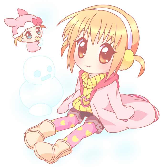 2girls blonde_hair blush brown_eyes earmuffs heart heart_print leggings leggings_under_shorts looking_at_viewer mirai_(sugar) multiple_girls pantyhose pepe_(shugo_chara!) ribbed_sweater shorts shugo_chara! sitting snowman sweater tareme turtleneck twintails yuiki_yaya