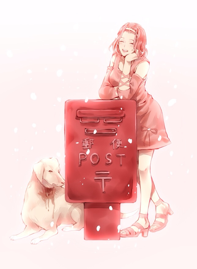 1girl arm_warmers arnold_(jojo) blood head_rest dog dress closed_eyes hairband jojo_no_kimyou_na_bouken leaning leaning_on_object onaka_hettaa open_mouth pink_dress pink_hair ribbon sandals slit_throat smile sugimoto_reimi