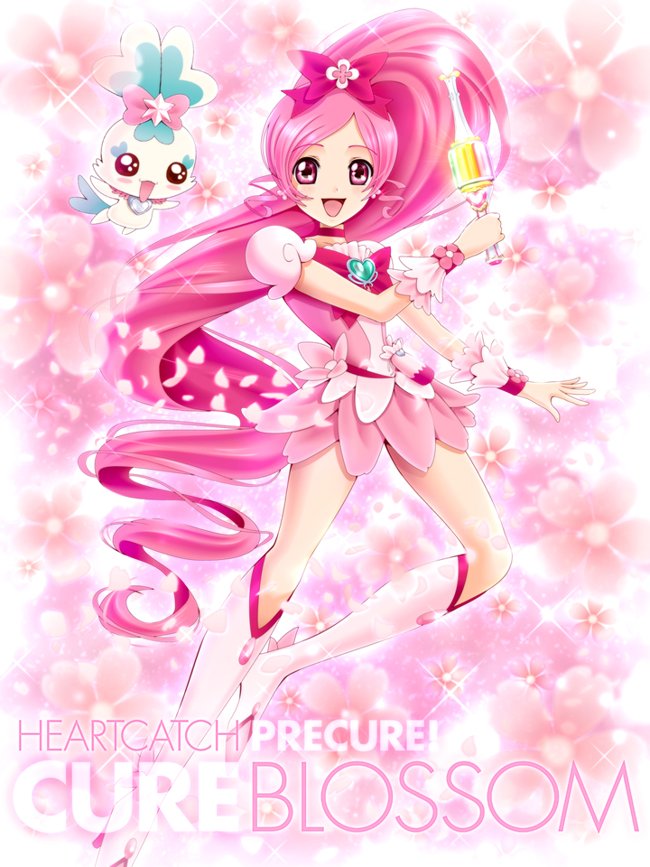 10s 1girl boots bow brooch character_name chypre_(heartcatch_precure!) copyright_name cure_blossom dress flower hair_bow hanasaki_tsubomi heart heart_brooch heartcatch_precure! high_side_ponytail jewelry knee_boots long_hair magical_girl petals pink_background pink_hair pink_theme ponytail precure sekken_kasu_barrier side_ponytail sparkle very_long_hair wand