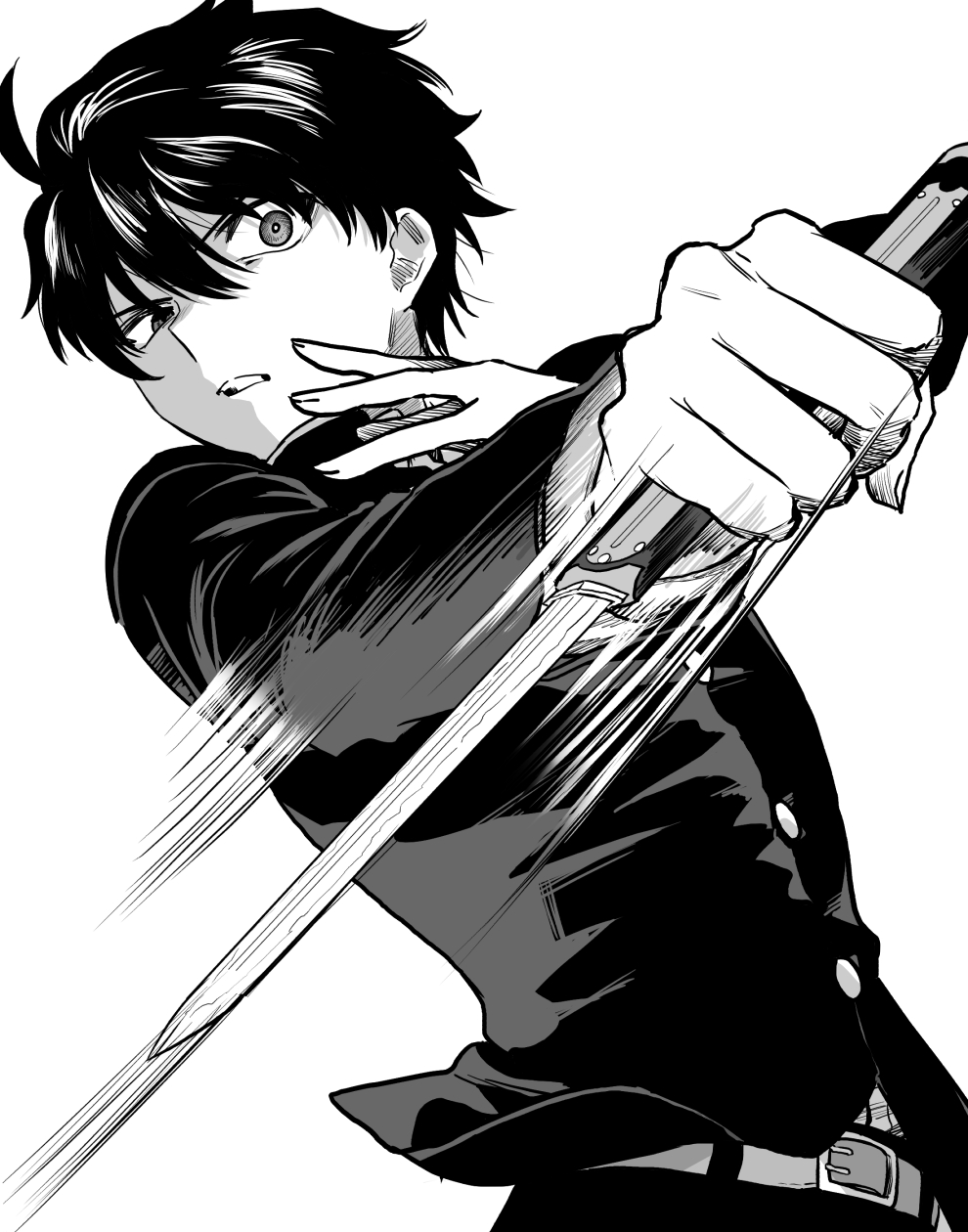 1boy belt commentary_request fighting_stance gakuran greyscale highres holding holding_knife knife male_focus melty_blood metarogu monochrome nanaya_shiki school_uniform simple_background solo tsukihime upper_body