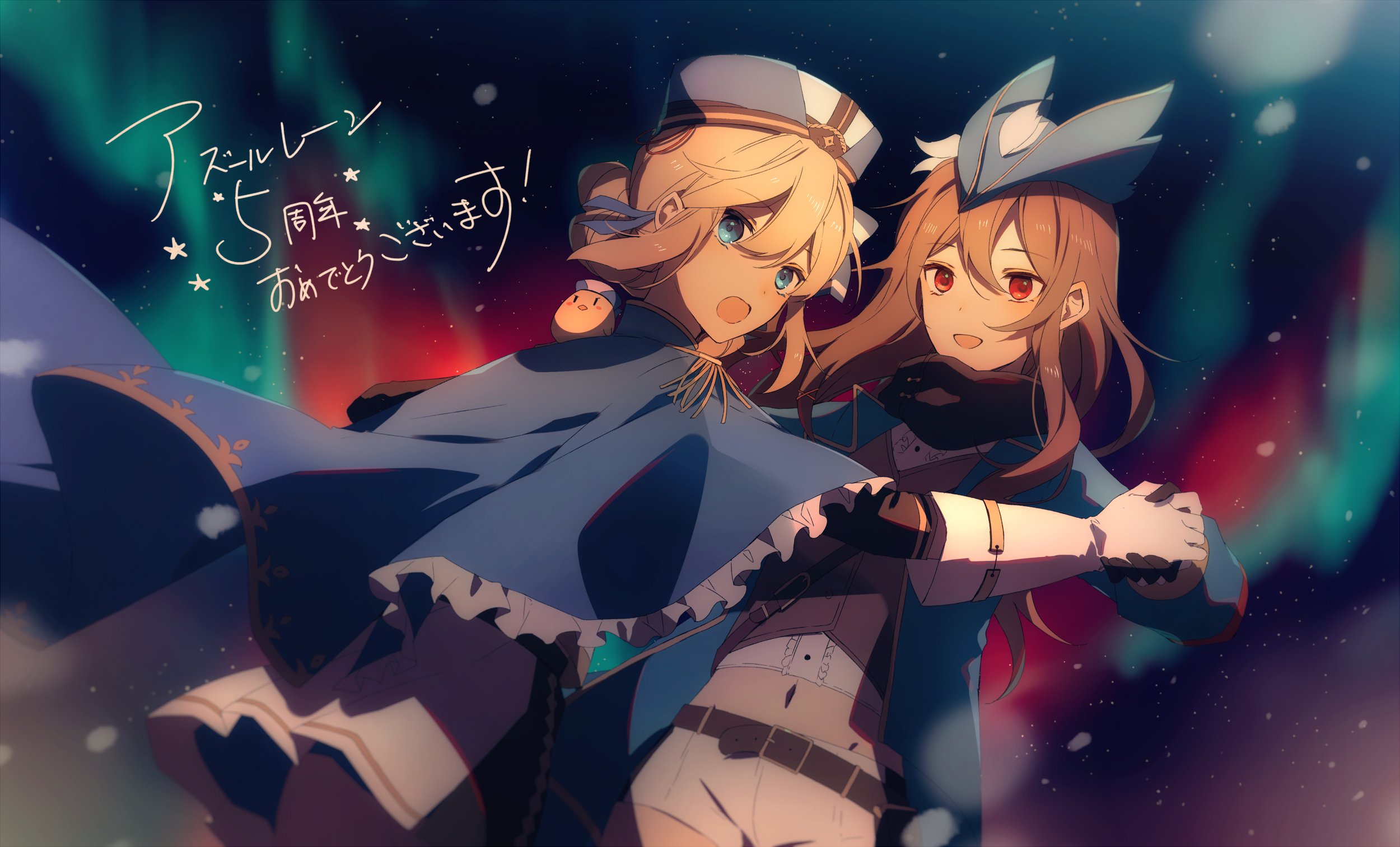 2girls amazuki_jou aurora azur_lane belt black_belt black_gloves blonde_hair blue_cape blue_coat blue_eyes blue_headwear brown_hair cape coat dutch_angle epaulettes gloves hardy_(azur_lane) hat highres hunter_(azur_lane) long_hair looking_at_viewer manjuu_(azur_lane) midriff multiple_girls open_mouth outdoors red_eyes shorts skirt trench_coat tricorne white_gloves white_shorts white_skirt