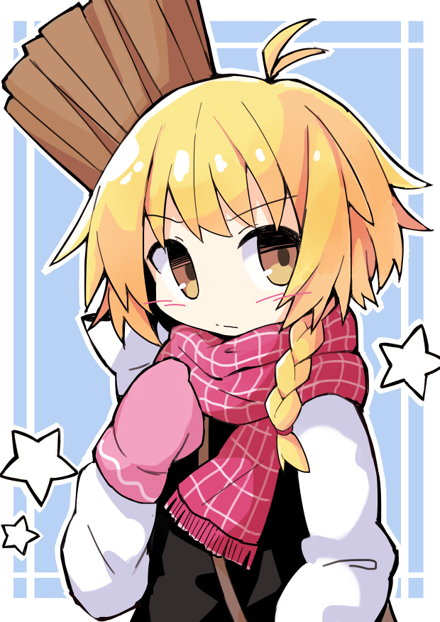 1girl asameshi black_vest blonde_hair blue_background blush braid broom commentary hand_up kirisame_marisa long_sleeves looking_at_viewer mittens no_headwear no_headwear pink_mittens red_scarf scarf shirt short_hair_with_long_locks single_braid solo star_(symbol) touhou vest white_shirt yellow_eyes