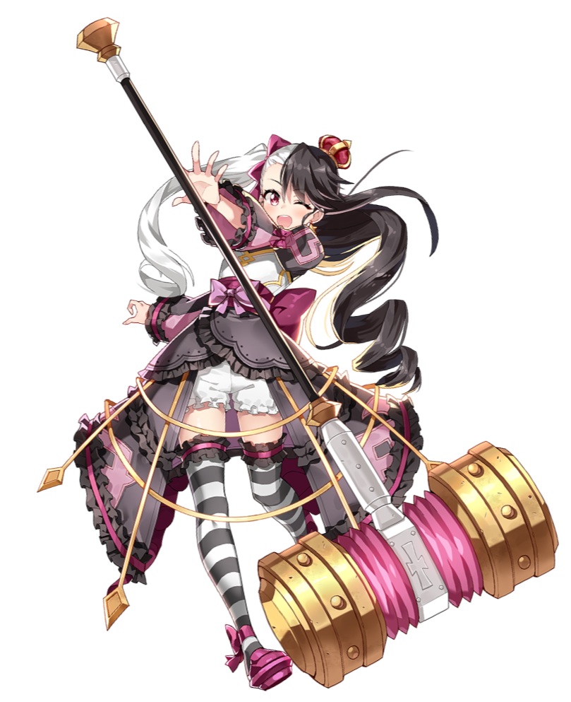 1girl ;d black_dress black_hair black_thighhighs bow chloe_(epic_seven) crown dress epic_seven female_focus frilled_dress frills full_body hair_bow hammer hand_up mini_crown multicolored_hair official_art one_eye_closed open_mouth pink_bow pink_shoes shoes smile solo standing striped_clothes striped_thighhighs thighhighs transparent_background two-tone_hair war_hammer warhammer weapon white_hair