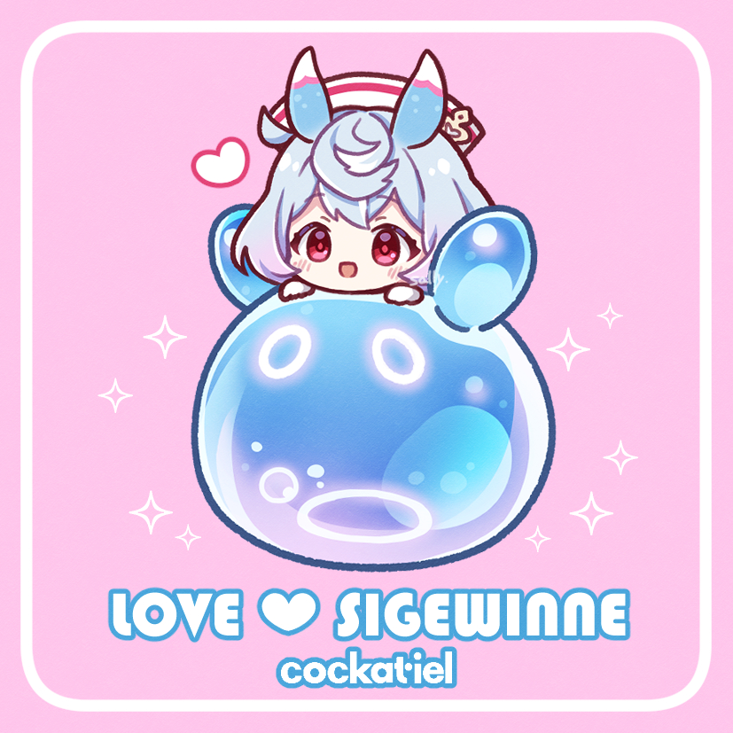 1girl artist_name blue_hair blush character_name chibi chibi_only commentary_request genshin_impact hair_between_eyes hat heart melusine_(genshin_impact) nurse_cap open_mouth pink_background red_eyes sally_(pacch0614) sigewinne_(genshin_impact) solo