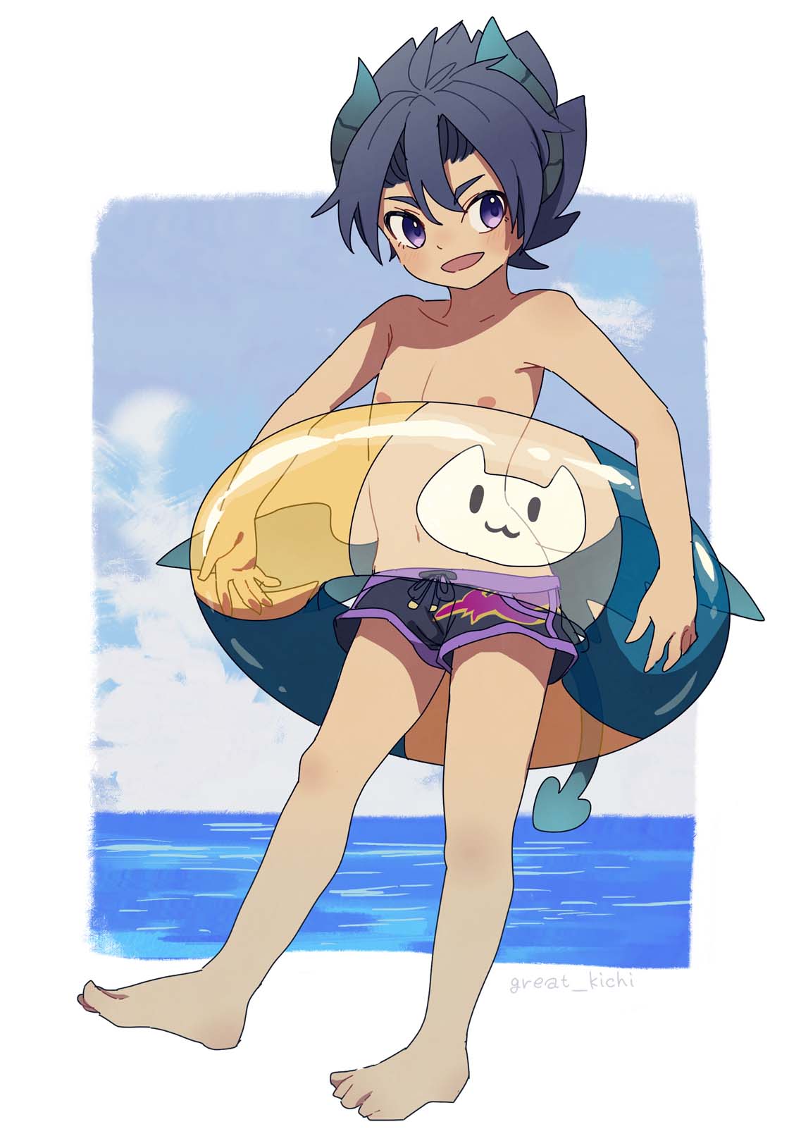 1boy animal_print artist_name bad_id bad_pixiv_id barefoot black_male_swimwear black_one-piece_swimsuit black_swim_trunks blue_hair blue_sky blush collarbone demon_boy demon_tail demon_wings drawstring from_below full_body great_kichi highres holding holding_swim_ring horns innertube looking_at_viewer low_wings male_focus male_swimwear mini_wings multicolored_male_swimwear multicolored_swim_trunks multicolored_swimsuit navel nipples one-piece_swimsuit outdoors pointy_ears pop-up_story print_innertube purple_eyes sky smile solo swim_ring swim_trunks swimsuit tail topless_male transparent_innertube wings ziz_glover