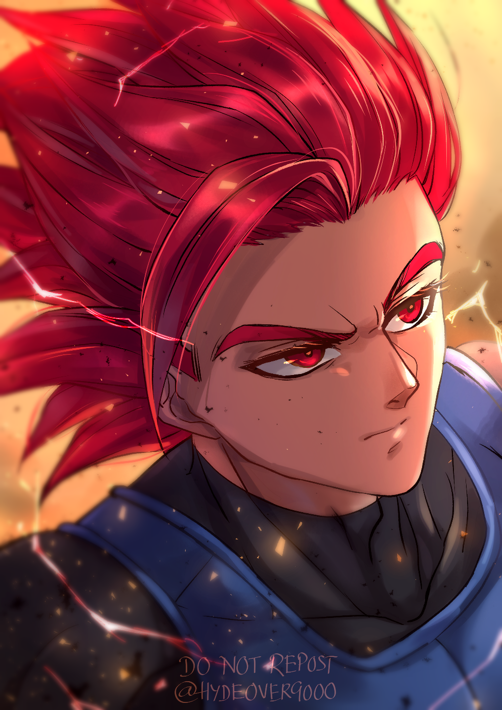 1boy armor blue_armor blurry closed_mouth collarbone commentary covered_collarbone depth_of_field dragon_ball dragon_ball_legends from_above highres hydeover9000 looking_to_the_side male_focus red_eyes red_hair saiyan_armor shallot_(dragon_ball) short_hair single_bang solo spiked_hair super_saiyan super_saiyan_god twitter_username