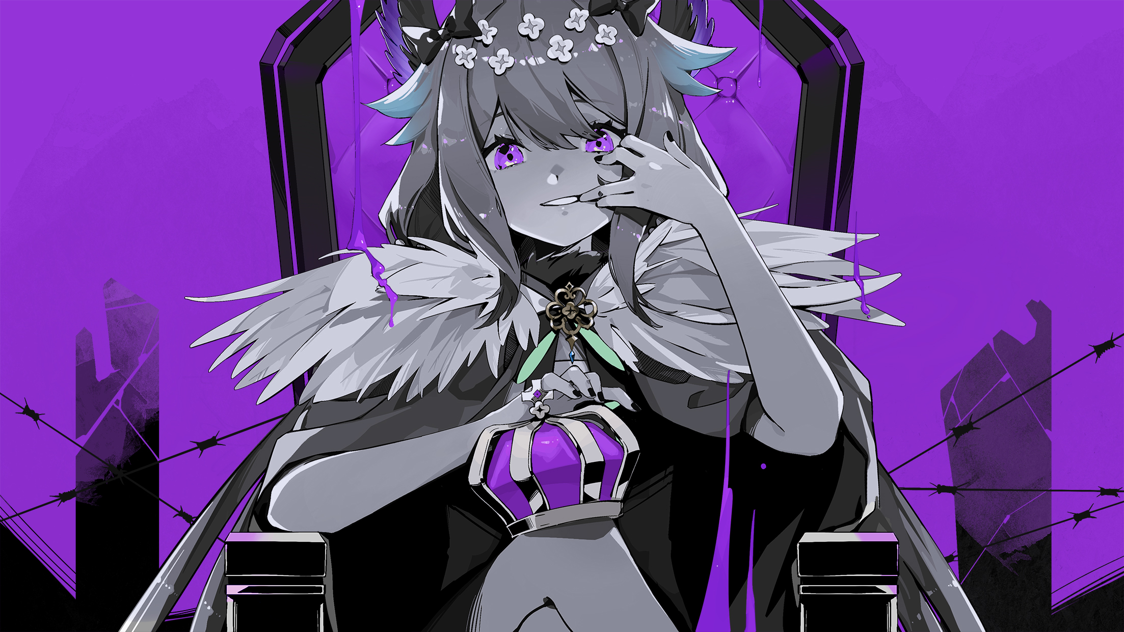 1girl cape crossed_legs crown enna_alouette eyebrows_hidden_by_hair feather_trim highres king_(vocaloid) moonie mouth_pull nijisanji nijisanji_en parody purple_eyes purple_theme sitting smile solo spot_color throne virtual_youtuber vocaloid