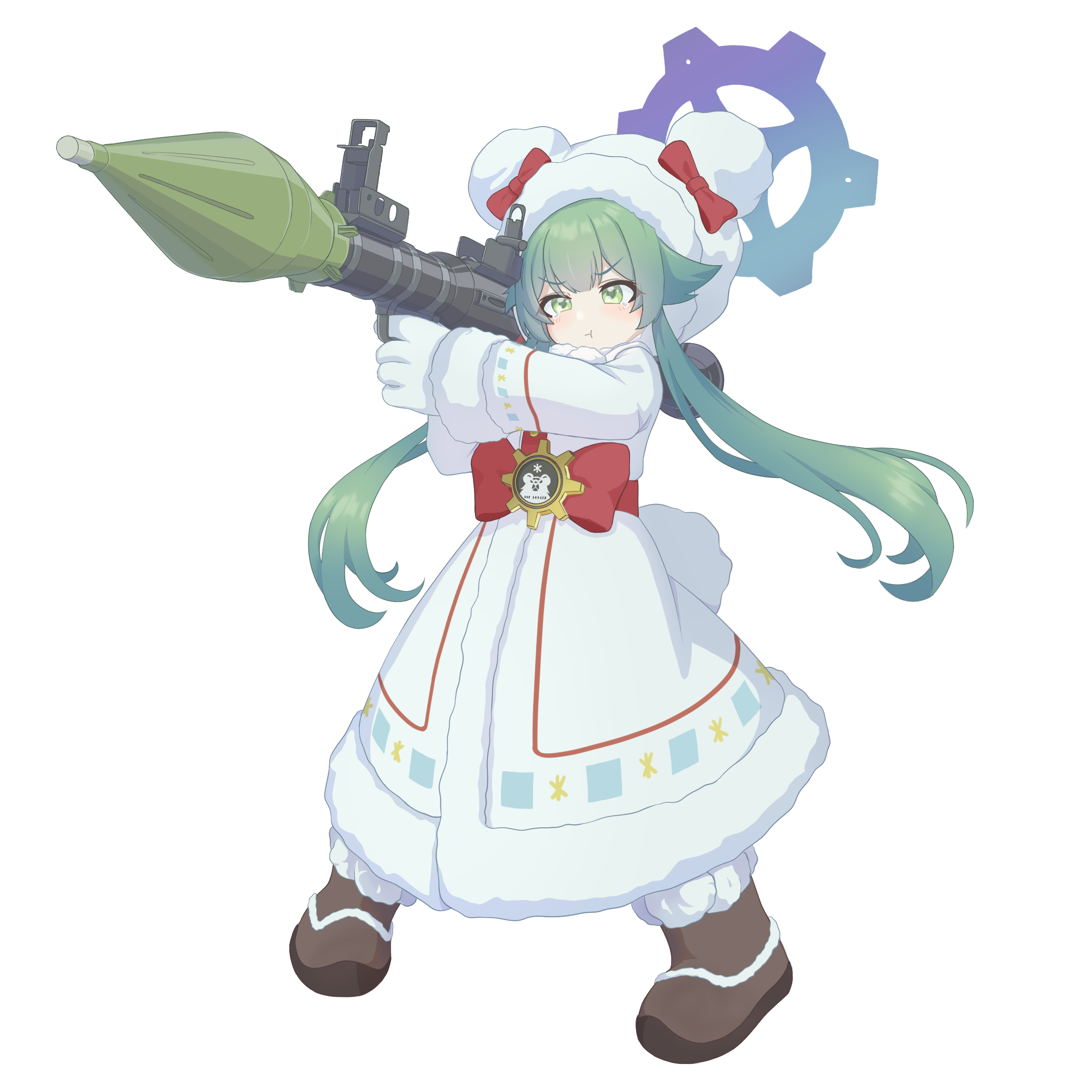 1girl :t aiming animal_hood bear_hood bear_tail blue_archive blue_halo boots bow brown_boots closed_mouth coat coat_dress dress fake_tail full_body fur-trimmed_boots fur-trimmed_coat fur-trimmed_hood fur_trim gear_halo gloves green_eyes green_hair hair_flaps halo highres holding holding_rocket_launcher holding_weapon hood little_sparks long_hair long_sleeves momiji_(blue_archive) pom_pom_footwear pout red_bow red_winter_federal_academy_logo rocket_launcher rpg rpg-7 rpg_(weapon) simple_background solo tail tearing_up twintails v-shaped_eyebrows weapon white_background white_dress white_gloves