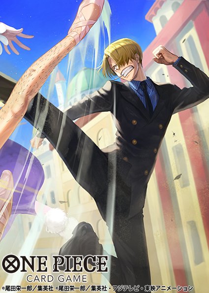 2boys attack_trail bon_clay cigarette cityscape clenched_teeth curly_eyebrows duel formal_clothes from_below hair_over_one_eye kicking leg_hair leg_lift looking_to_the_side male_focus midair multiple_boys official_art one_piece one_piece_card_game otton sanji_(one_piece) short_hair smoking solo_focus suit teeth x_limbs