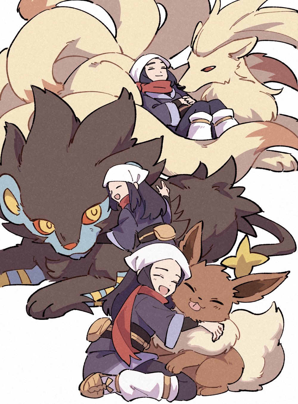 1girl akari_(pokemon) black_fur black_hair brown_fur closed_eyes colored_sclera eevee full_body galaxy_expedition_team_survey_corps_uniform gen_1_pokemon gen_4_pokemon headscarf highres hug kuhu1212 long_hair looking_at_another luxray lying_on_pokemon ninetales nintendo open_mouth orange_sclera pokemon pokemon_(creature) pokemon_legends:_arceus ponytail red_eyes red_scarf sash scarf sidelocks sitting smile tail tongue tongue_out white_background white_headscarf yellow_eyes
