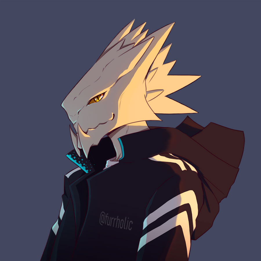 12f_(arknights) 1boy arknights artist_name black_jacket colored_sclera furrholic hood hood_down hooded_jacket horns jacket male_focus orange_sclera simple_background solo upper_body yellow_eyes