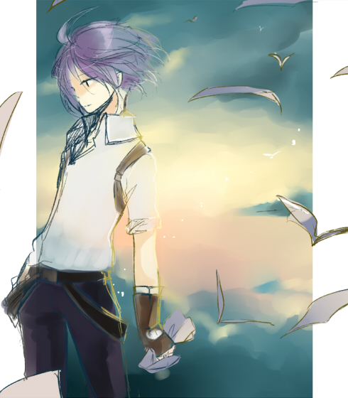 1boy ahoge belt bird black_belt blacksmith_(ragnarok_online) brown_gloves closed_mouth cloud collared_shirt commentary_request cowboy_shot expressionless fingerless_gloves gloves holding holding_paper looking_afar male_focus overcast pants paper purple_pants ragnarok_online shirt short_hair short_sleeves sky solo wane_(ruki) white_shirt