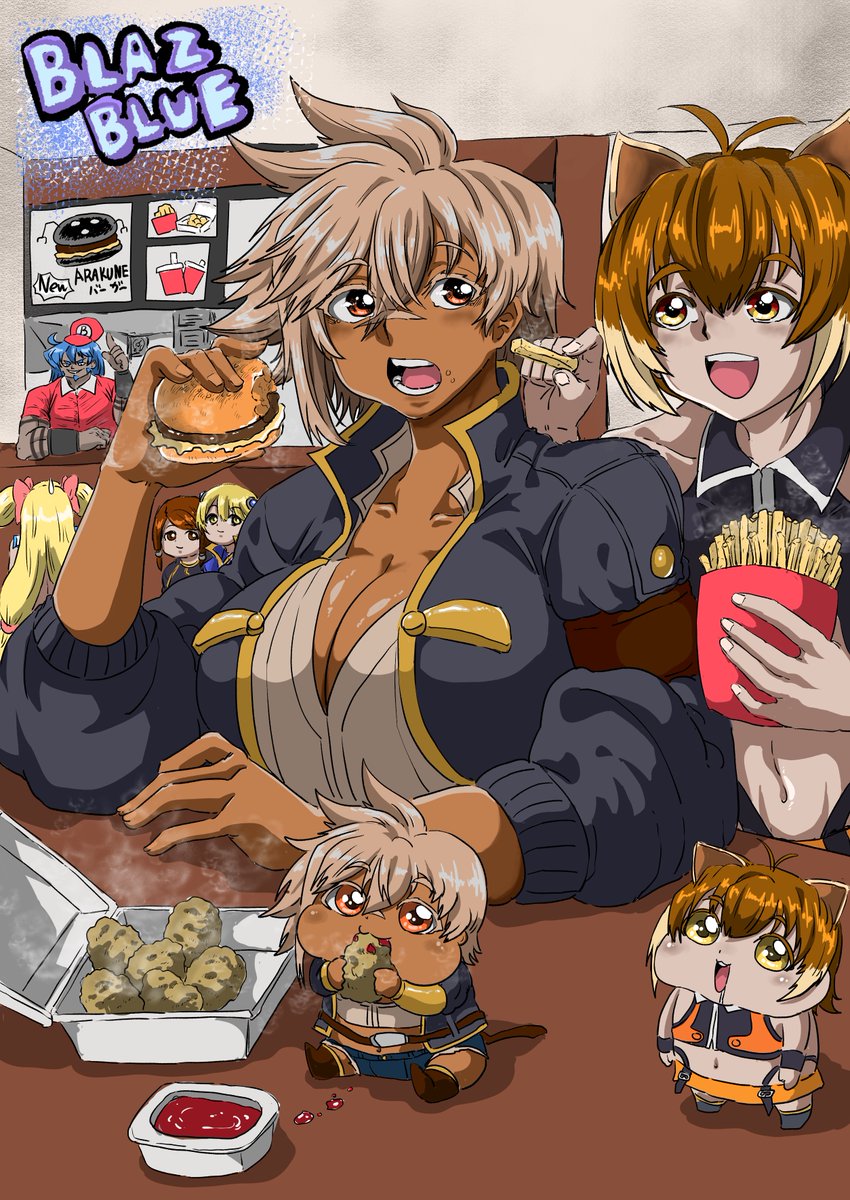 1boy 5girls animal_ears azrael_(blazblue) blazblue blonde_hair blue_hair breasts brown_hair bullet_(blazblue) burger celica_a._mercury chibi cleavage dark-skinned_female dark-skinned_male dark_skin eating food french_fries hat highres ketchup large_breasts long_sleeves makoto_nanaya multiple_girls noel_vermillion platinum_the_trinity saki_chan_san squirrel_ears table teeth white_hair