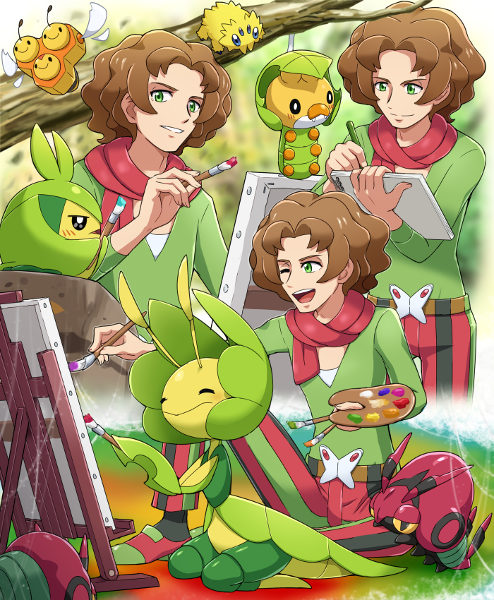 1boy :d branch brown_hair burgh_(pokemon) canvas_(object) combee easel gen_4_pokemon gen_5_pokemon green_eyes green_footwear green_shirt gym_leader holding holding_paintbrush joltik leavanny long_sleeves male_focus multiple_views nintendo on_floor one_eye_closed open_mouth paintbrush painting_(action) pokemoa pokemon pokemon_(creature) pokemon_bw pokemon_on_leg red_footwear red_scarf scarf sewaddle shirt sitting smile striped swadloon teeth tongue two-tone_footwear upper_teeth_only v-neck venipede vertical_stripes