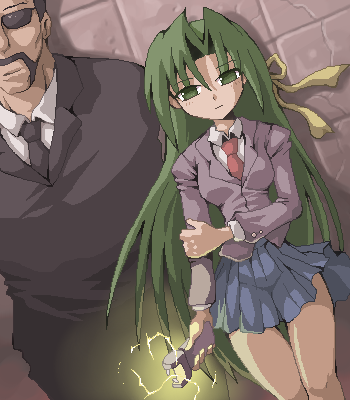 1boy 1girl beard brown_hair facial_hair formal_clothes glasses green_eyes green_hair higurashi_no_naku_koro_ni kasai_tatsuyoshi kurogarasu long_hair looking_at_viewer lowres necktie ribbon school_uniform sonozaki_shion stun_gun suit sunglasses