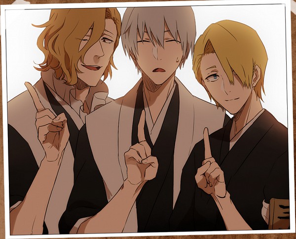 3boys bleach blonde_hair eyebrows hair_over_one_eye haori ichimaru_gin japanese_clothes kira_izuru male_focus multiple_boys one_eye_closed ootoribashi_roujuurou otoribashi_rojuro shihakusho shinigami silver_hair tagme