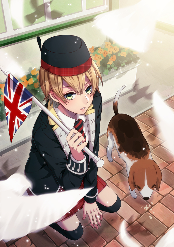 1boy ann_hajime black_legwear blonde_hair dog green_eyes hat kilt male_focus original plaid scotland thighhighs traditional_clothes union_jack