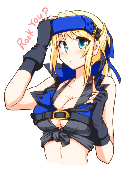 1girl bare_shoulders belt black_shirt blonde_hair blue_eyes blue_headband blue_ribbon breasts cleavage cosplay fingerless_gloves genderswap genderswap_(mtf) gloves gripping_clothes guilty_gear hair_ribbon headband ky_kiske kyko looking_at_viewer m.u.g.e.n ponytail portrait ribbon ryuuri_(aoithigo) shirt short_hair sol_badguy sol_badguy_(cosplay) solo tied_shirt white_background