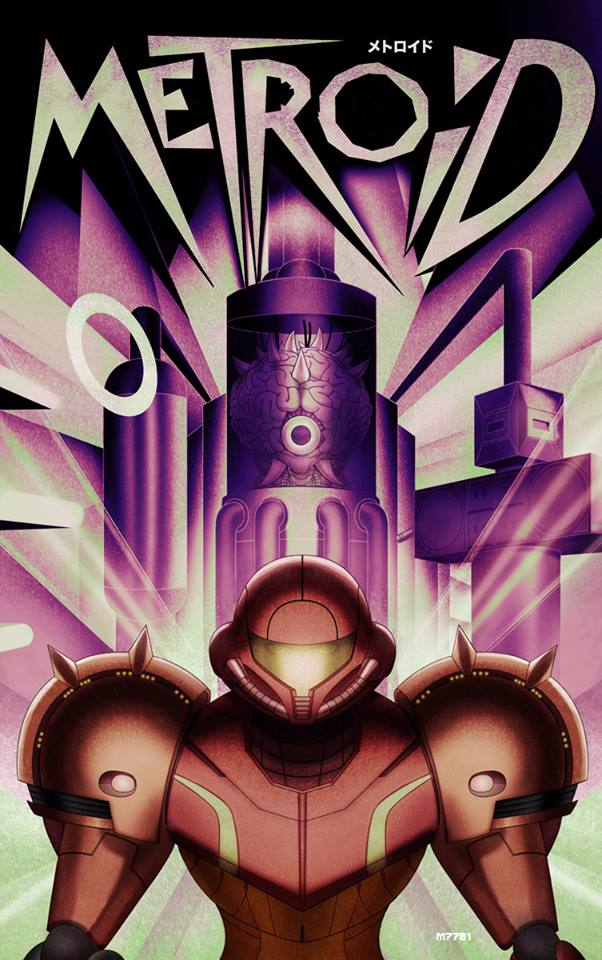 1girl 1other alien armor arms_at_sides blue_eyes creepy epic expressionless eyelashes facing_viewer female_focus helmet horns japanese_text looking_at_viewer m7781 metroid metropolis metropolis_(fritz_lang) mother_brain nintendo parody power_suit samus_aran science_fiction see-through_clothes see-through_headwear standing stasis_tank upper_body
