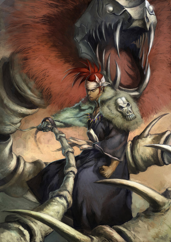 1boy abarai_renji bankai bleach bone cuson fangs male_focus open_mouth red_hair skeleton skull snake solo zabimaru
