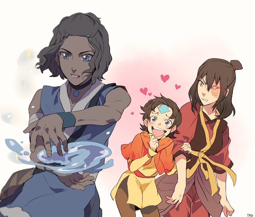 1boy 2girls :d aang avatar:_the_last_airbender avatar_legends blue_eyes blush breasts brown_hair burn_scar choker dark-skinned_female dark_skin genderswap genderswap_(ftm) genderswap_(mtf) heart holding_own_arm hydrokinesis katara looking_at_viewer medium_breasts multiple_girls open_mouth ponytail scar scar_across_eye scar_on_face short_hair smile t_k_g tattoo topknot water yellow_eyes zuko