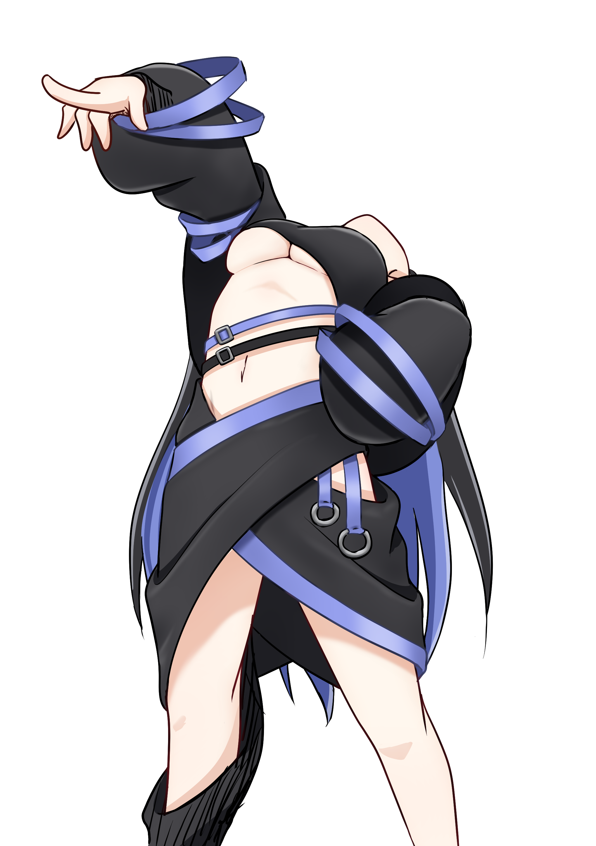 1girl absurdres bandeau belt bent_back black_bandeau black_belt black_hair black_jacket black_skirt blue_belt blue_hair breasts commentary_request cuore_0624 feet_out_of_frame hebiyoi_tier hebiyoi_tier_(1st_costume) highres hip_vent jacket large_breasts leaning_back long_hair long_sleeves multicolored_hair nanashi_inc. open_clothes open_jacket pointing pointing_forward simple_background skirt solo standing two-tone_hair underboob very_long_hair virtual_youtuber