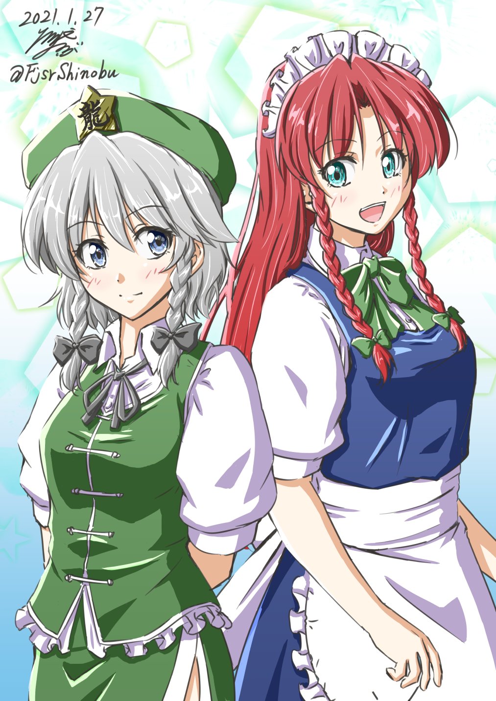 2girls :d aqua_eyes beret blue_background braid cosplay costume_switch dated gradient_background green_hat grey_eyes grey_hair hat hat_ornament highres hong_meiling hong_meiling_(cosplay) izayoi_sakuya izayoi_sakuya_(cosplay) looking_at_viewer maid maid_headdress multiple_girls open_mouth shino-puchihebi short_sleeves side_braids signature smile star_(symbol) star_hat_ornament teeth touhou twin_braids upper_teeth_only