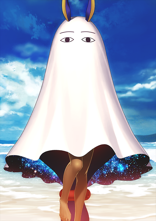 &lt;o&gt;_&lt;o&gt; 1girl animal_ears barefoot beach blue_sky cloud cosplay covered_face dark-skinned_female dark_skin day ears_through_hood fate/grand_order fate_(series) foot_out_of_frame hair_tie jackal_ears leg_up long_hair low-tied_long_hair medjed_(fate) medjed_(fate)_(cosplay) nitocris_(fate) nitocris_(fate/grand_order) nitocris_(swimsuit_assassin)_(fate) ocean official_art purple_hair shima_udon sky solo space_print starry_sky_print third-party_source two-sided_fabric variant_set very_long_hair waves