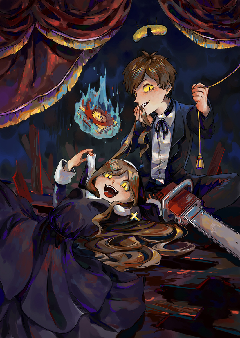 1boy 1girl aqua_eyes aqua_vest bill_cipher bipper book breasts brother_and_sister brown_hair burning chainsaw collared_shirt ascot cross dark_persona dipper_pines edenfox gravity_falls long_hair mabel_pines mabill nun open_mouth shirt short_hair siblings slit_pupils tassel twins yellow_eyes