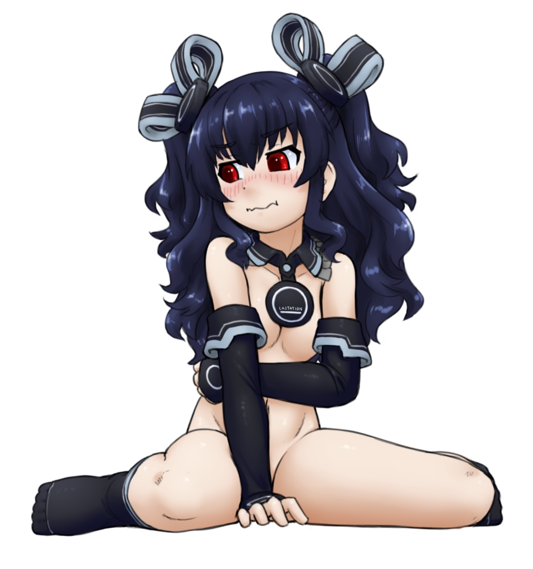 1girl alloyrabbit black_gloves black_hair black_socks breasts covering_privates covering_breasts covering_crotch elbow_gloves embarrassed gloves long_hair looking_at_viewer neptune_(series) no_shoes nude red_eyes sitting small_breasts socks solo twintails uni_(neptunia)